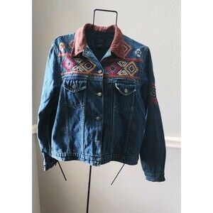 Vintage 90's Aztec Denim Embroidered Collared Denim Jacket Medium